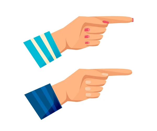 Les mains des hommes et des femmes avec des gestes. Pointeur, direction, attention, pensée . — Image vectorielle