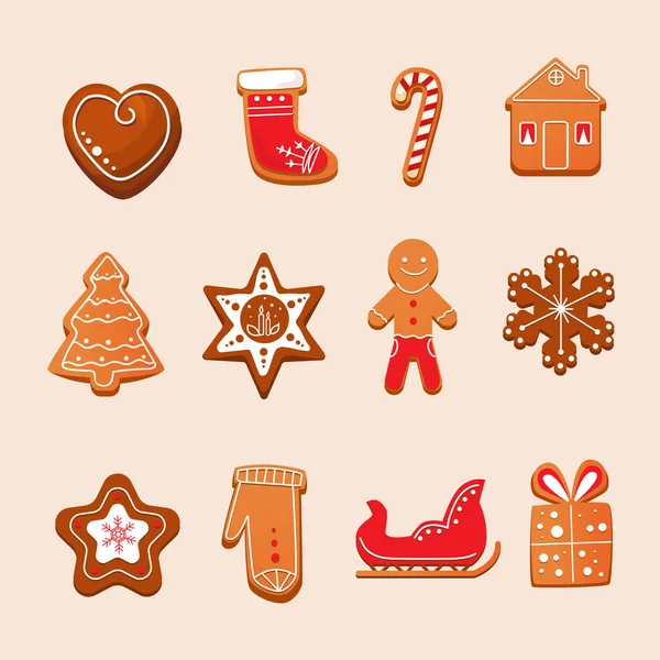 Set of Christmas gingerbread with glaze. New Year, sweet pastries. — Stock Vector