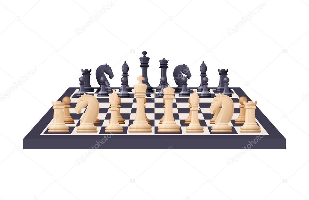 Black and white chess game pieces, figures on chess board.