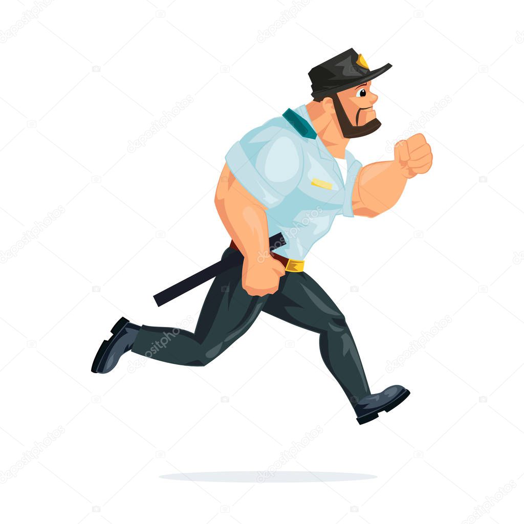 Policeman in form, run, in pursuit of criminals, offenders, delinquents.
