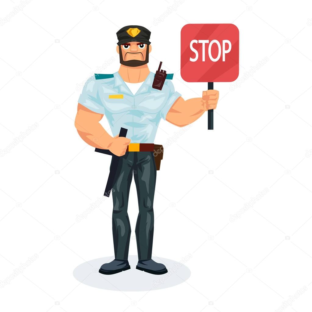 Policeman, holds stop sign in his hands, delays the offenders.