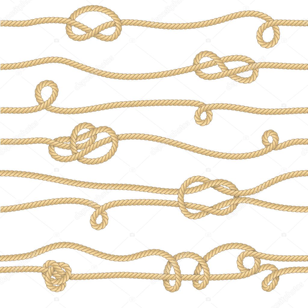 Pattern seamless background with marine rope knots in different directions.