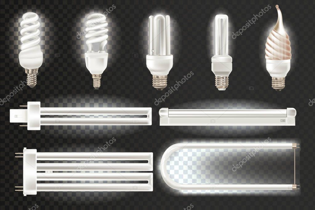 Set of various light realistic fluorescent lamps, different shapes, bandwidth.