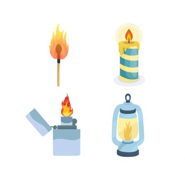 Set flame lights. Burning match, melting candle, lighter, night lamp. clipart