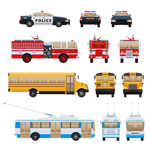 Auto di città, trasporti: vigili del fuoco, scuolabus, servizi di soccorso, polizia . — Vettoriale Stock