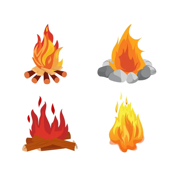 Set van verschillende vreugdevuren met vlam van vuur, kampvuren, camping. — Stockvector