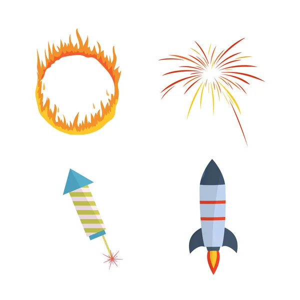 五颜六色的节日彩灯, 烟花和飞行火箭在夜空. — 图库矢量图片