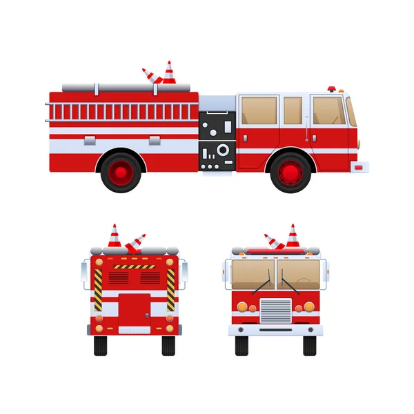 Brandkåren. Röd lastbil med vita ränder, eliminera brand. — Stock vektor