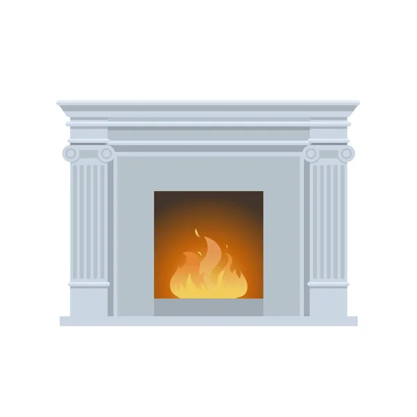 经典的壁炉由天然石材, 石膏, 燃烧的火焰. — 图库矢量图片