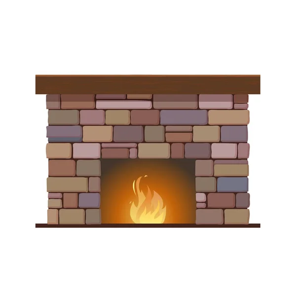 Classic fireplace made of colored bricks, with burning flame inside. — Stock Vector