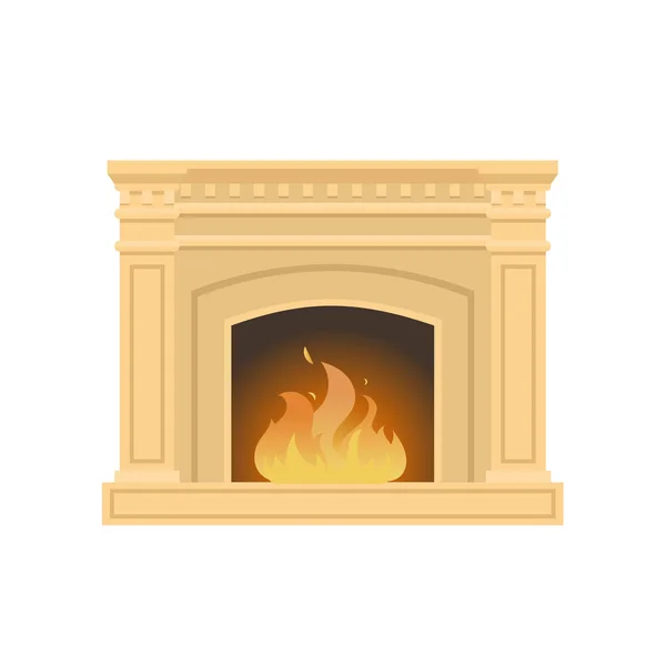 Klasický krb z přírodního kamene, sádry, s hořící plamen. — Stockový vektor