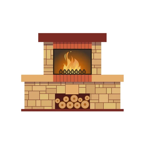 Cheminée classique en briques colorées, avec flamme brûlante à l'intérieur . — Image vectorielle