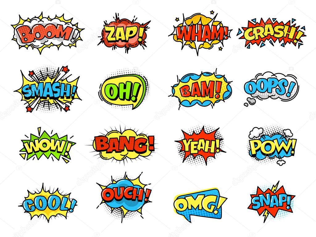 Collection of bright, colorful, multi-colored speech bubbles, with text, texture.