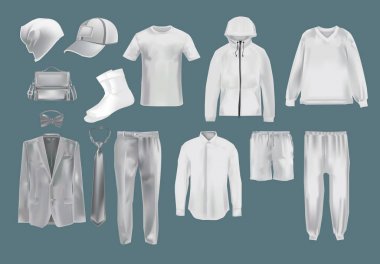 Mockup erkekler s Giyim ayarlayın. Şablon moda giysiler örnekler kap.