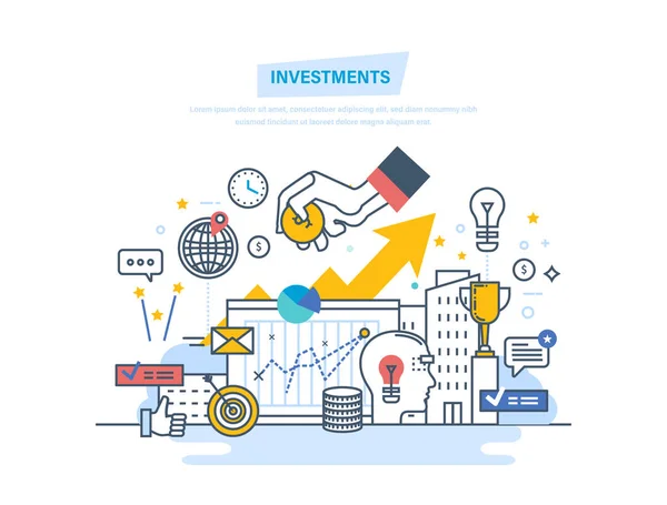 Investimentos financeiros, marketing, finanças, análise, segurança, poupança financeira e dinheiro . —  Vetores de Stock