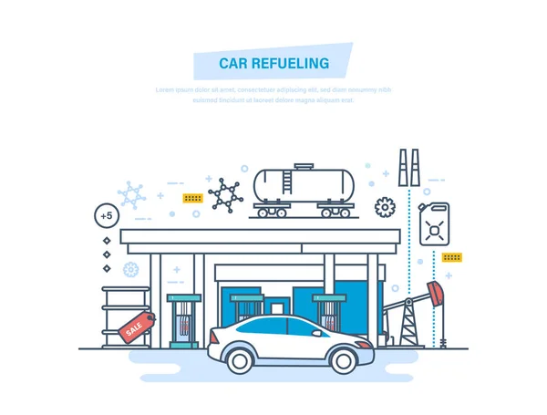 Samochodów benzynowych z benzyna na stacji benzynowej. Serwis samochodowy, sklep. — Wektor stockowy
