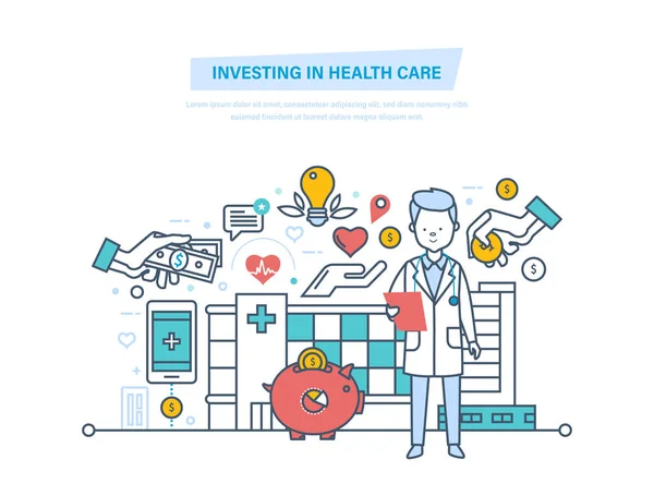 Investeren in de gezondheidszorg en de moderne geneeskunde. Verbetering van de kwaliteit van de dienstverlening. — Stockvector