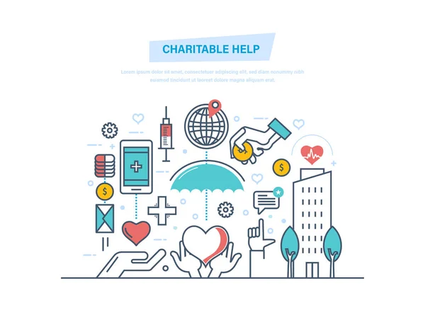 Charytatywna pomoc. Fundacje charytatywne, pozyskiwania funduszy, pomoc ludzi i darowizny. — Wektor stockowy