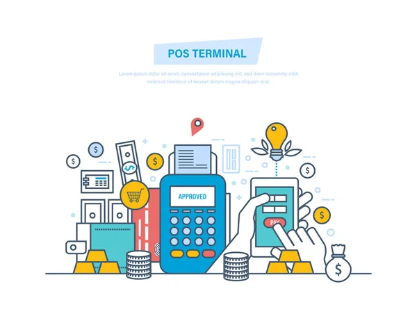 Terminal Pos, systèmes de paiement. Opérations financières, opération sans numéraire sur paiement . — Image vectorielle