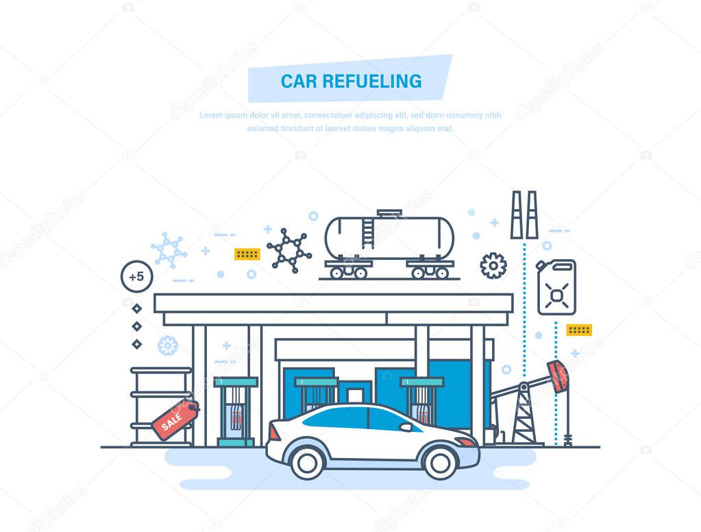 Car refueling with gasoline at filling station. Car service, shop.