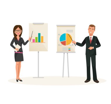 Genç kız ve adam ortağı, tanıtım, eğitim, iş seminer yürütmektedir.