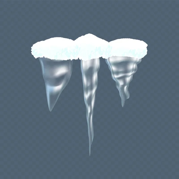 Setzen realistische transparente Winter-Eiszapfen, Schneebälle. Weihnachten Schneeflocken, Schneewehen. — Stockvektor