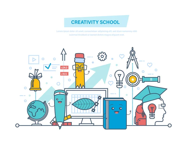 Creativiteit school. Instrumenten van creativiteit, creatief denken, creativiteit, slimme onderwijs. — Stockvector