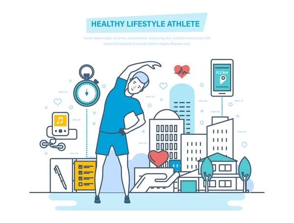 Αθλητής του υγιεινού τρόπου ζωής. Χρησιμοποιώντας φυσικές ασκήσεις και προγράμματα επαγγελματικής κατάρτισης. — Διανυσματικό Αρχείο