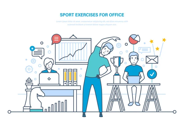 Спортивные упражнения для офиса. Занимаясь спортом, тренировками, здоровым образом жизни спортсмен . — стоковый вектор