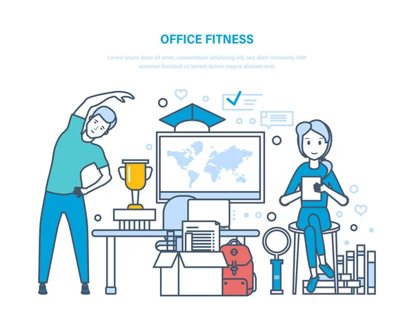 Office fitness. Gör sport övningar, träning, hälsosam livsstil idrottsman. — Stock vektor