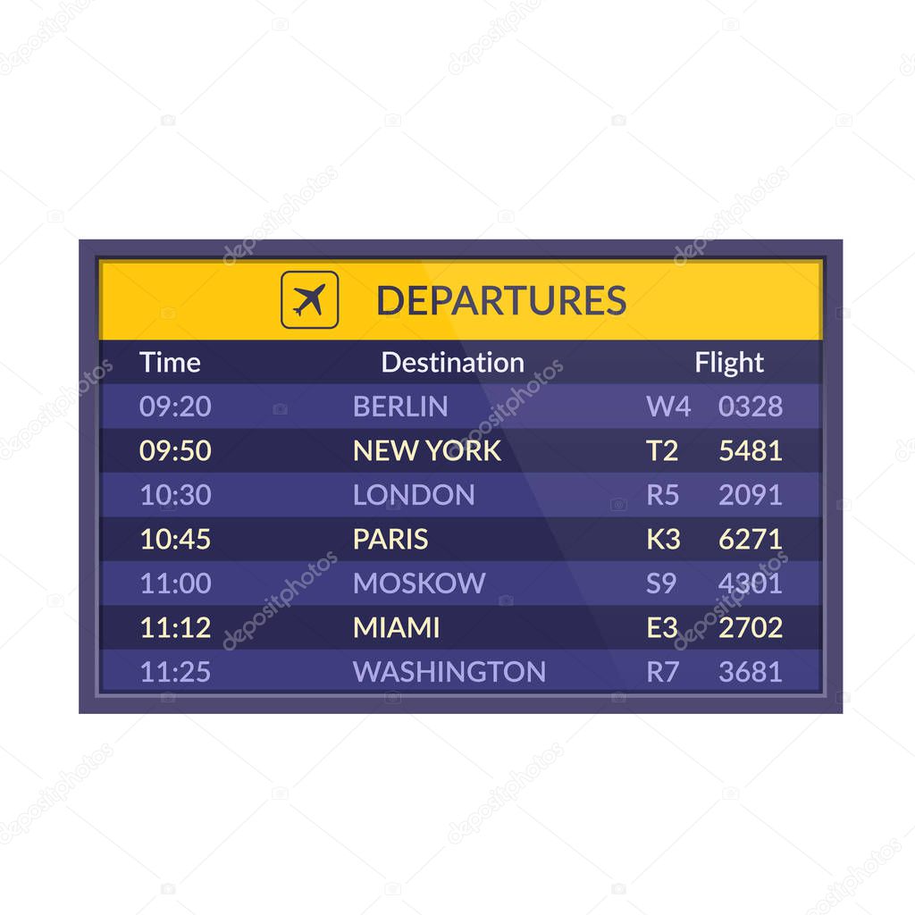 Board of departures in airport. Realistic flip airport scoreboard template.