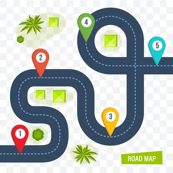 Mapa de carreteras con marcadores de marcas de colores, línea de puntos para los coches . — Archivo Imágenes Vectoriales