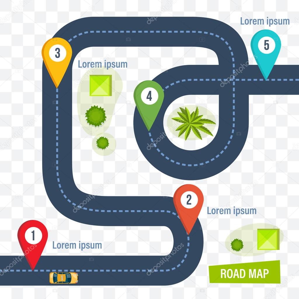 Road map with colorful marks markers, dotted line for cars.