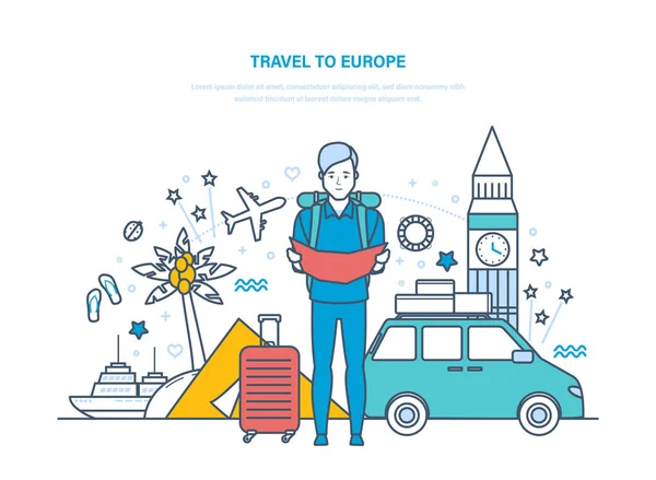 Traveling around world. Traveling by car, through Europe, tropical countries. — Stock Vector