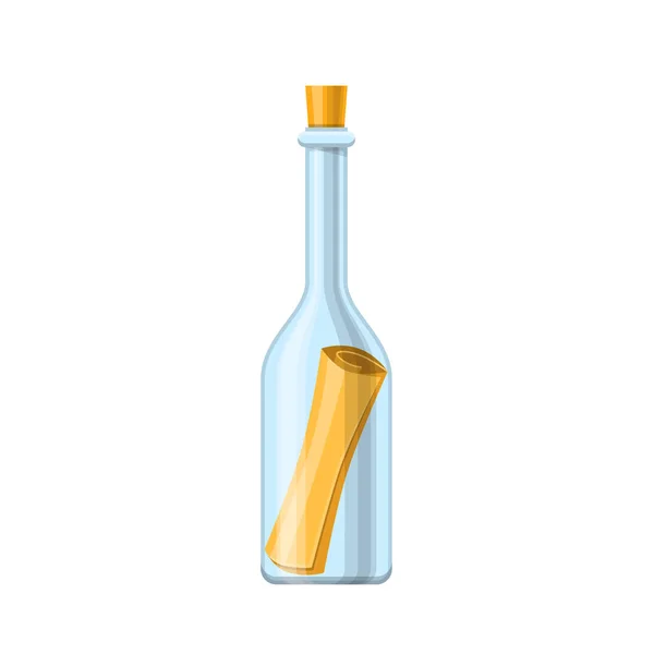 Glazen flesje met papierrol. Bericht op papier, geheime boodschap. — Stockvector