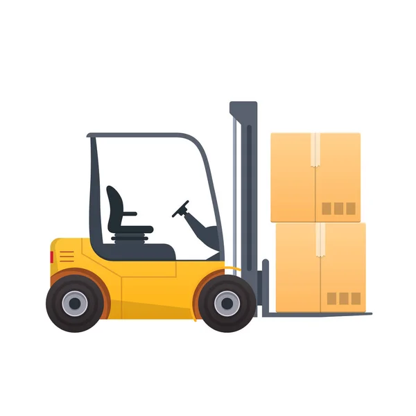 Forklift dengan kotak, paket, kargo, produk. Mesin dengan beban terangkat . - Stok Vektor