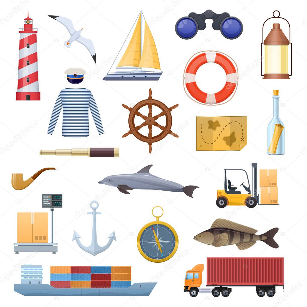 Marine set of objects, icons, logos. Travel, navigation, tourism. Sea adventure. Lighthouse, sailors clothes, sailboat, dolphin anchor ship symbols of compass telescope Vector illustration