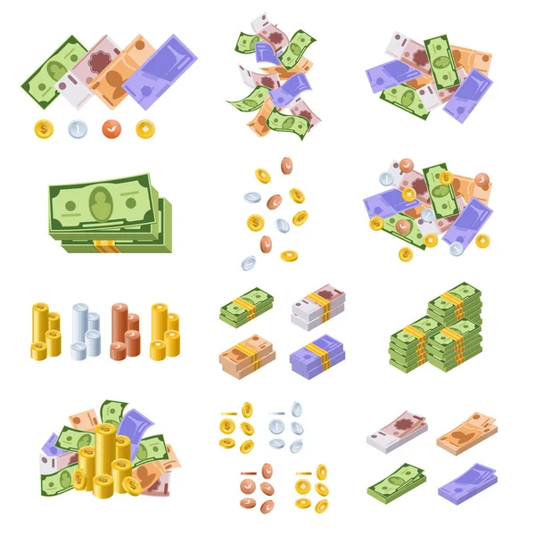 Verschiedene Währungen, in Form von Bargeld, Papierscheinen, Münzen. — Stockvektor