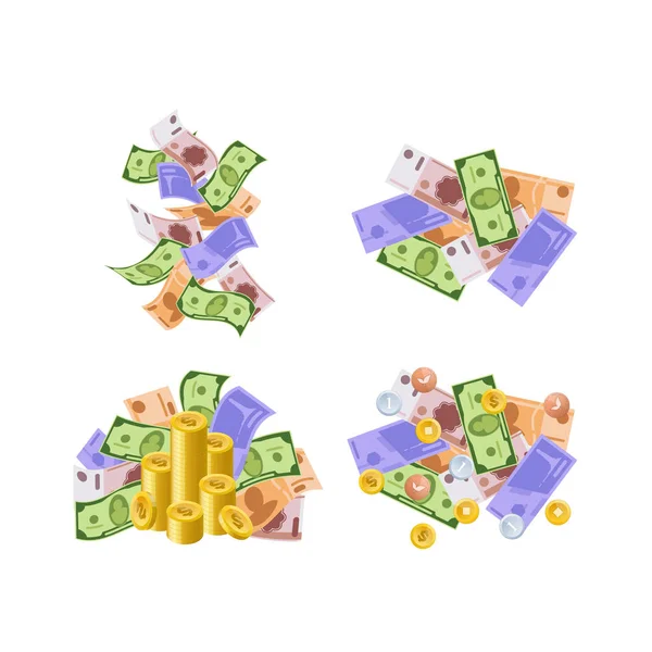 Various monetary currencies, in form of cash, paper bills, coins. — Stock Vector