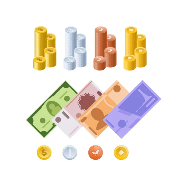 Various monetary currencies, in form of cash, paper bills, coins. — Stock Vector