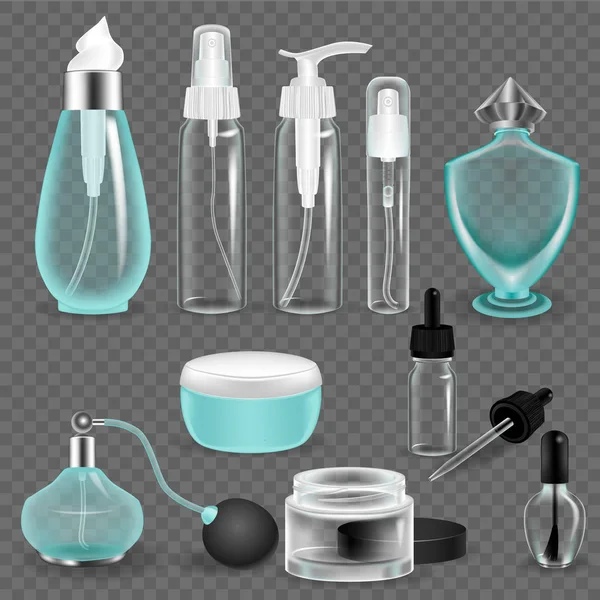 Realistic mock-up, transparent glass jars, bottles, bubbles from womens cosmetics. — Stock Vector