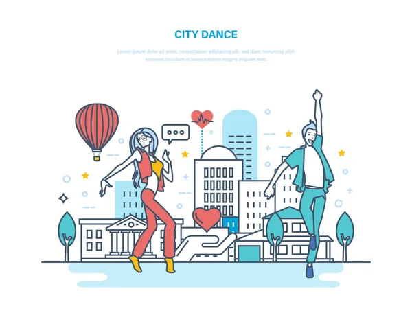 城市舞蹈青年夫妇跳舞现代舞在娱乐公园. — 图库矢量图片
