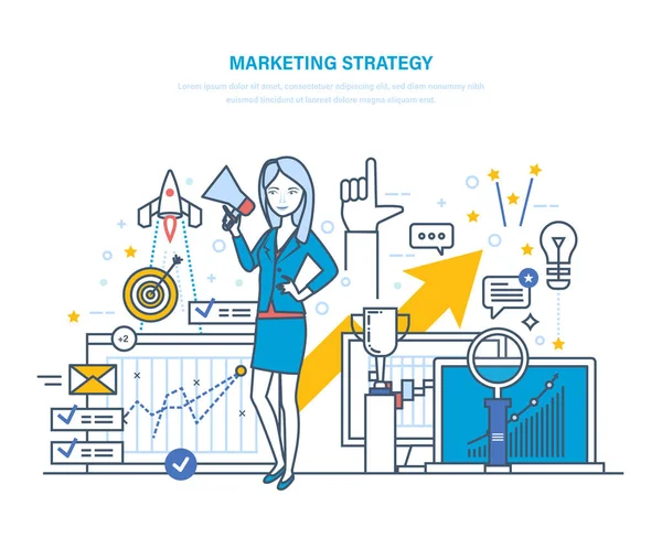 Marketingstrategie. Strategieplanung, statistische Analyse, Projektmanagement, Marktforschung. — Stockvektor