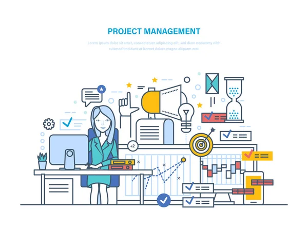 Projekt menedzsment. Szervező, ellenőrző vállalati erőforrásokat, a projekt céljainak eléréséhez, tervezés. — Stock Vector