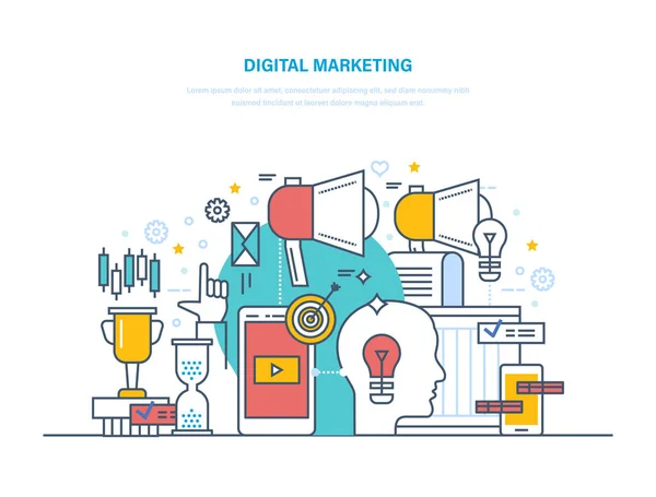Marketing digital, planificación de medios, redes sociales, negocios en línea y compras . — Archivo Imágenes Vectoriales
