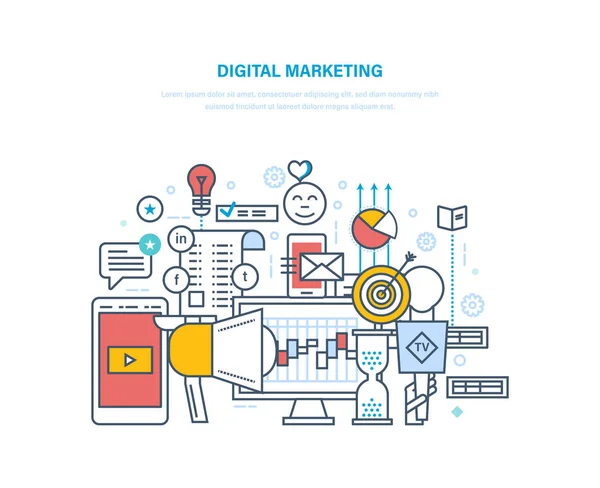 Digital marknadsföring, media planering, sociala medier, online-verksamhet och inköp. — Stock vektor