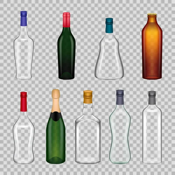 Realistische sjablonen lege glazen flessen. Alcoholische drank op transparante achtergrond. — Stockvector
