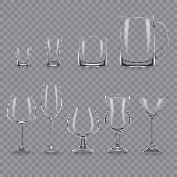 Conjunto de plantilla realista vacío transparente vasos de alcohol y tazas . — Vector de stock