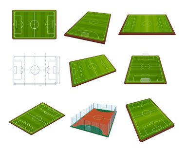 Set gerçekçi futbol alanı şablonu, Bahçesi yeşil çimen, manzara ile.