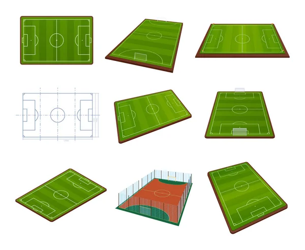 Plantilla de campo de fútbol realista conjunto, parque infantil con césped verde, paisajes . — Vector de stock